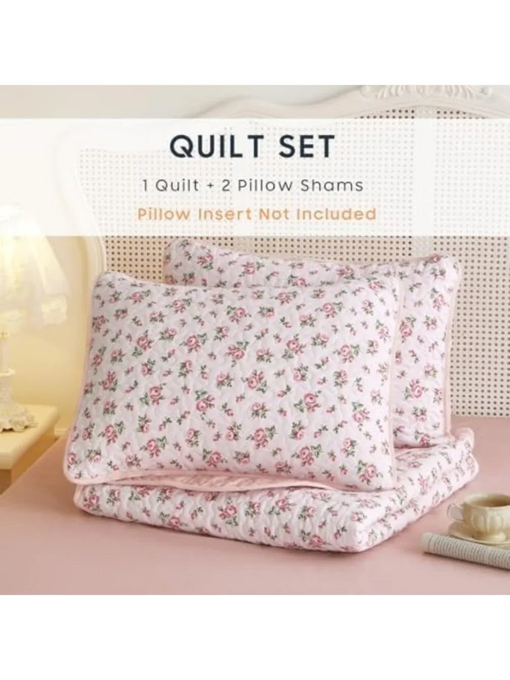 Floral Quilt Set - Cottagecore Shabby Chic Reversible Bedspread, Pink